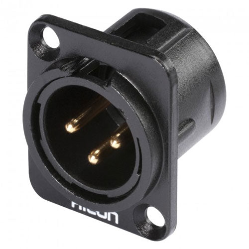 HICON HI-X3DM-G XLR 3-Pole Male Panel Mount Connector, Gold Contacts, Black, D-Type