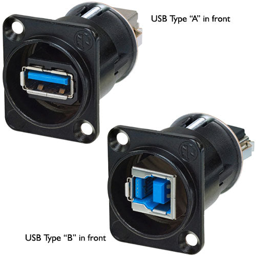 Neutrik USB 3.0 Reversible Gender Changer, Type A and B. Black D-Housing