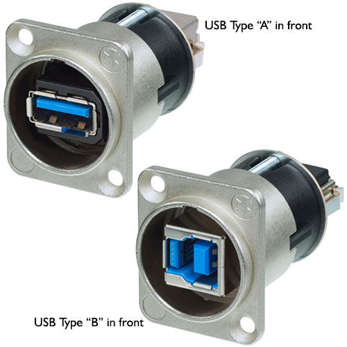 Neutrik USB 3.0 Reversible Gender Changer, Type A and B. Nickel D-Housing