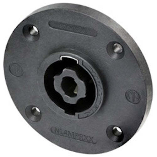 Neutrik NL4MPRXX 4 pole Speakon Chassis Connector, Black Round G-size Flange, Countersunk thru Holes, 3/16" Flat Tabs